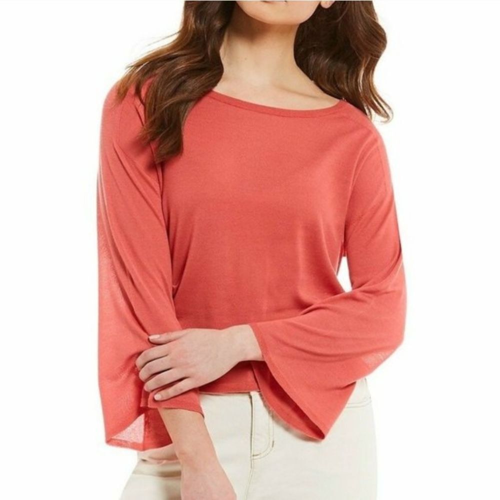 Eileen Fisher Mimosa Seamless Sleek Tencel Knit Bateau Neck Top Coral Pink L